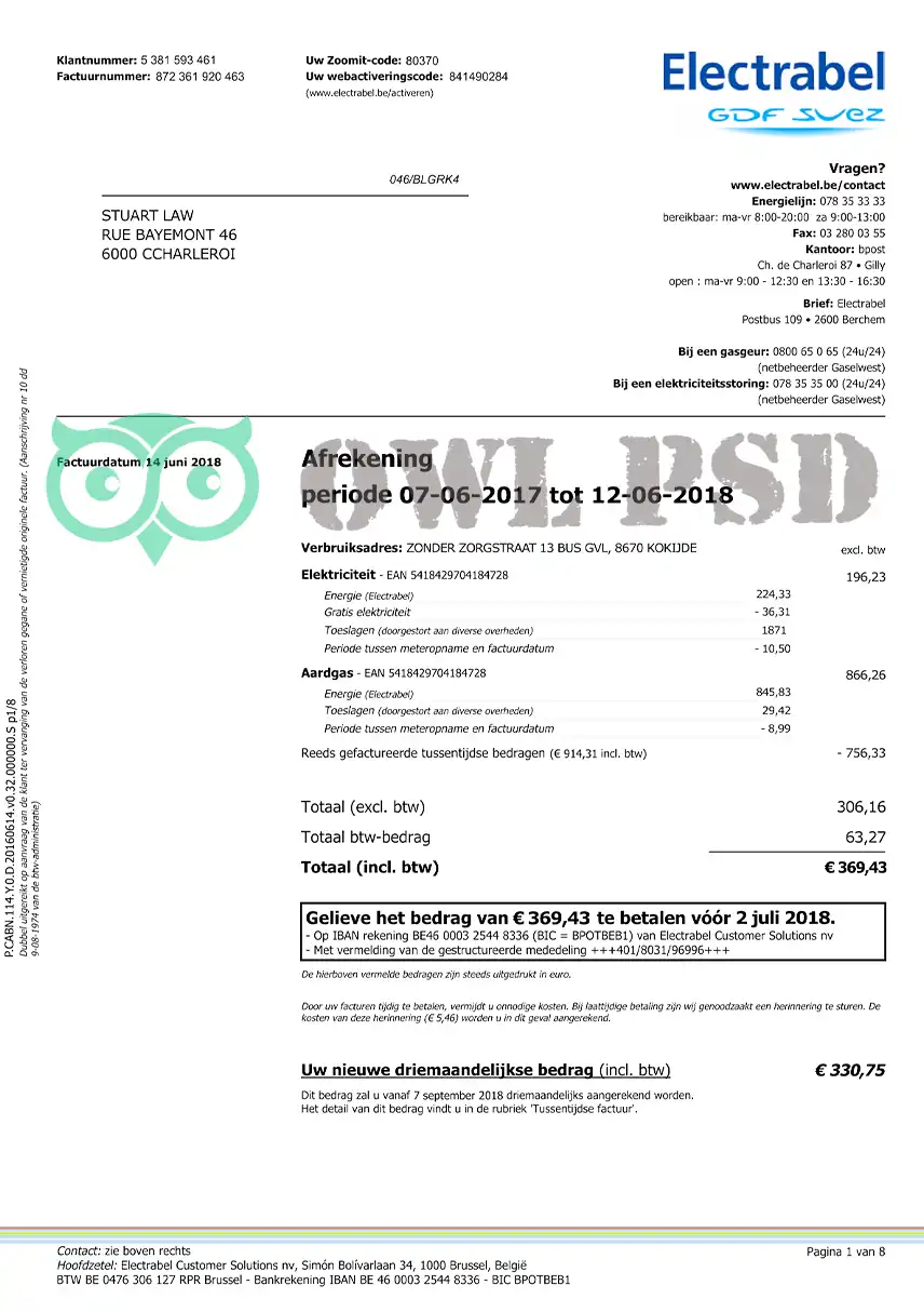 Belgium Electrabel Utility Bill Template preview image 1