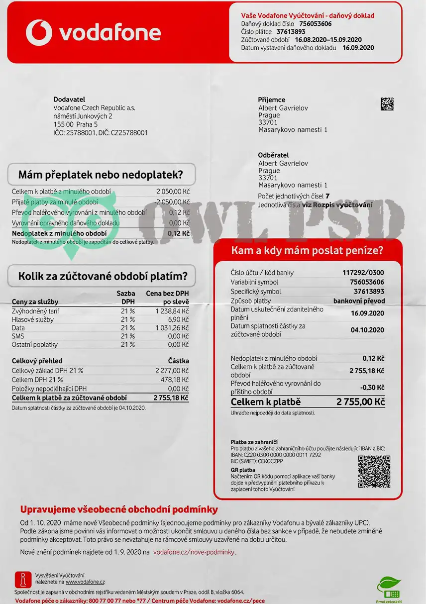 Czech Republic Vodafone Utility Bill Template preview image 1