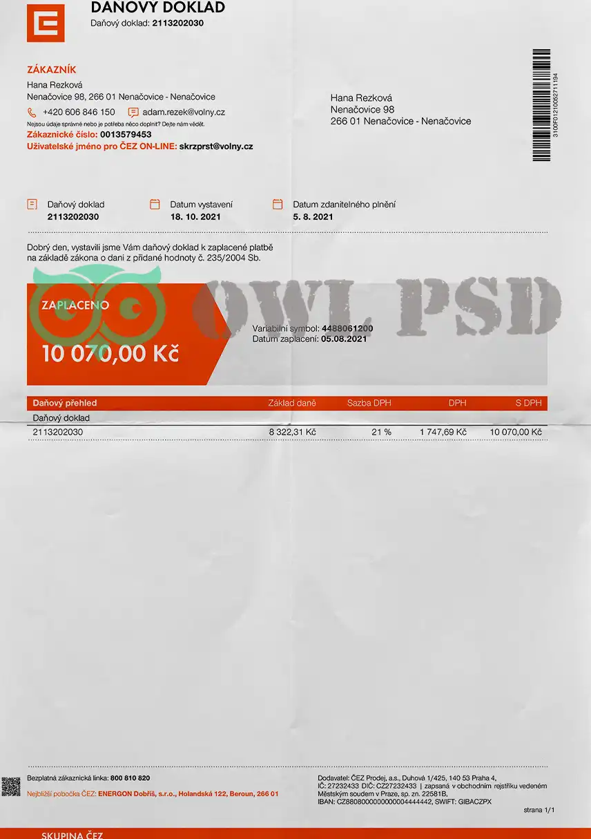 Czech Republic Energon Utility Bill Template preview image 1