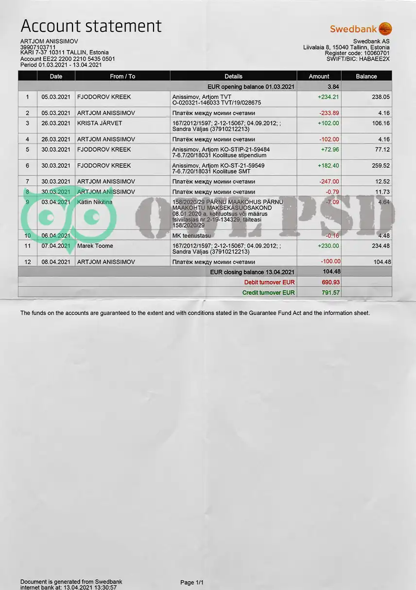 Estonia Swedbank Statement Template preview image 1