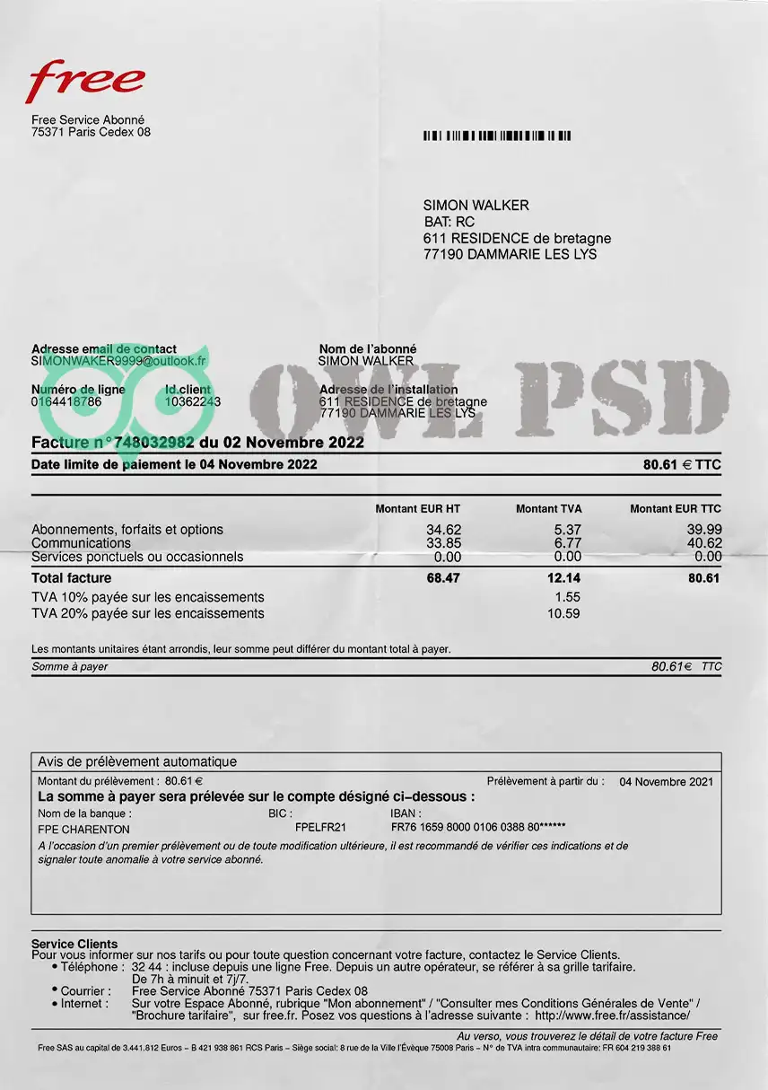 France Free Mobile Utility Bill Template preview image 1