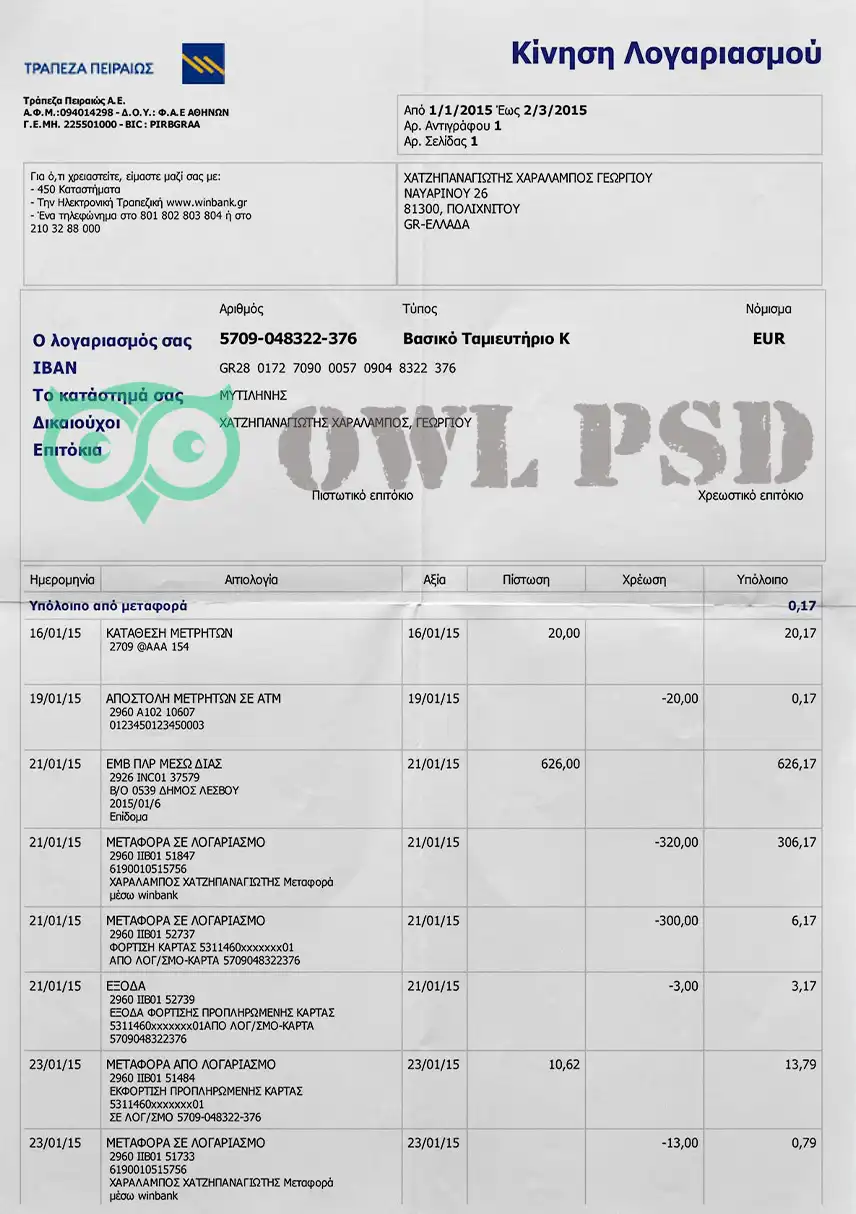 Greece Τράπεζα Πειραιώς Statement Template preview image 1