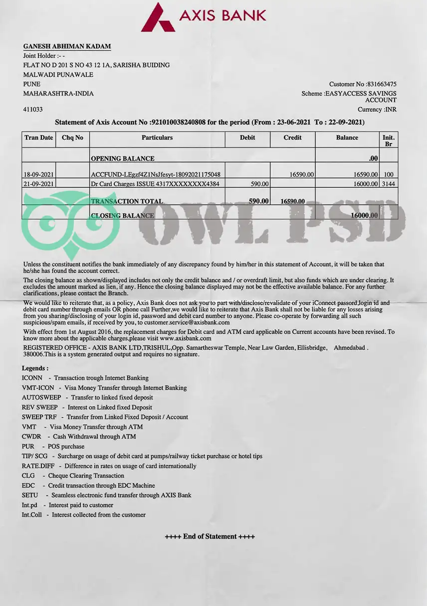 India Axis Bank Statement Template preview image 1