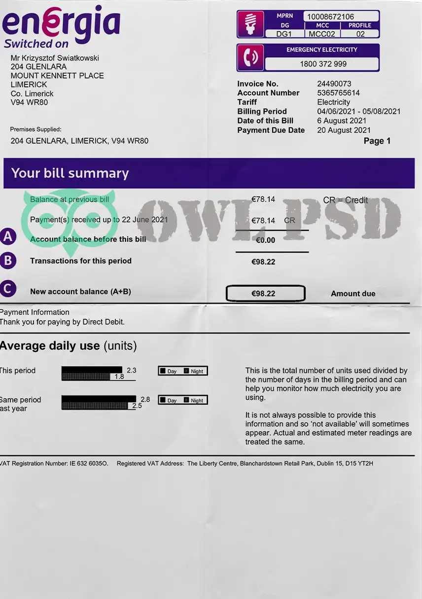 Ireland Energia Utility Bill Template preview image 1
