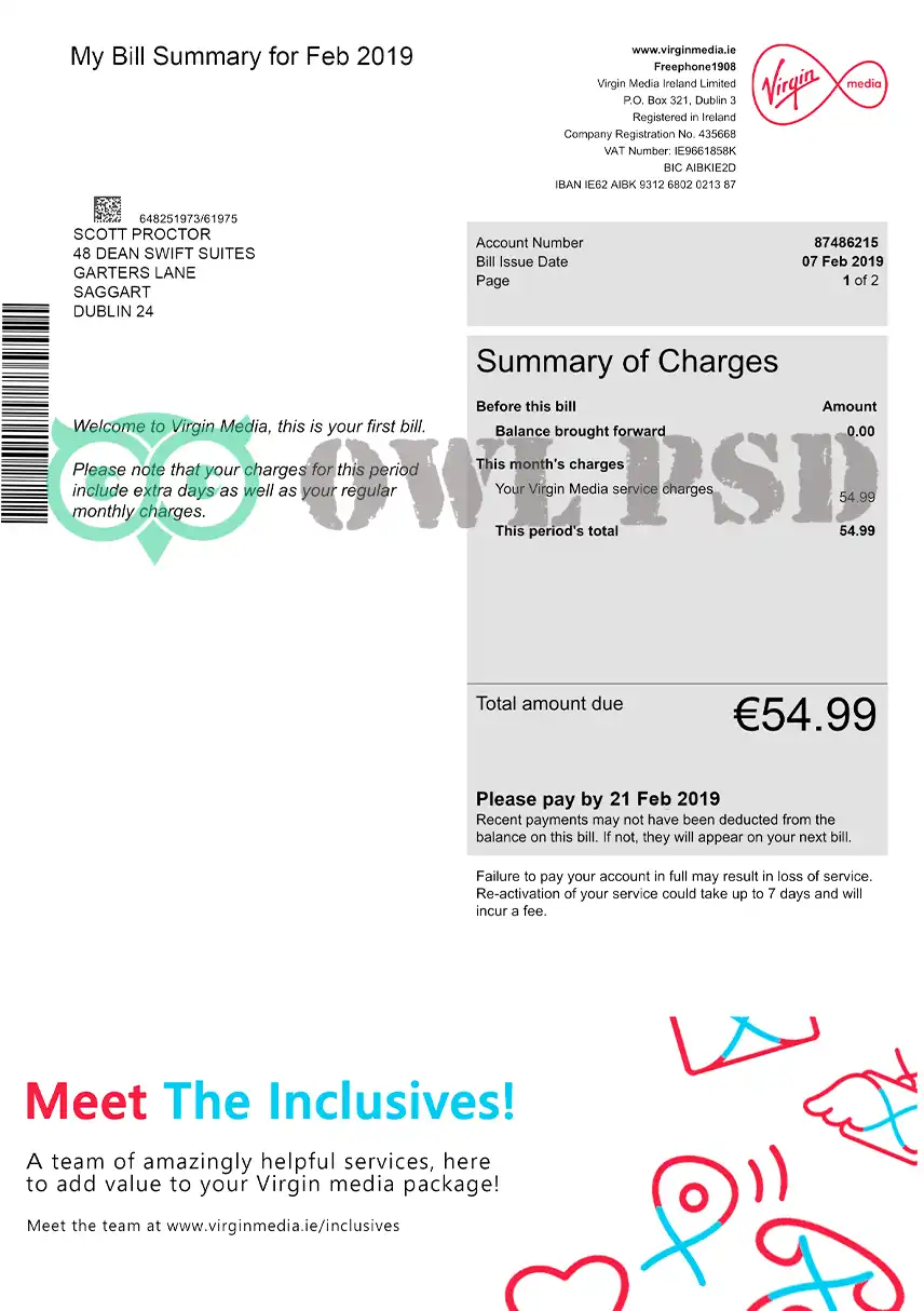 Ireland Virgin Media Utility Bill Template preview image 1