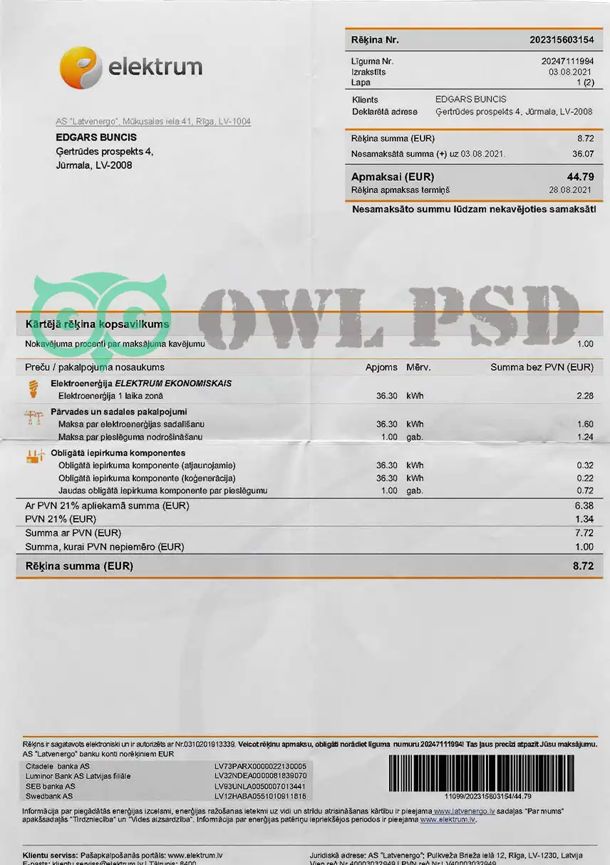 Latvia Elektrum Utility Bill Template preview image 1