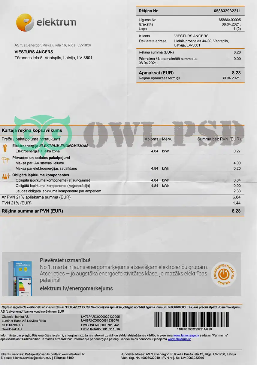 Latvia Elektrun Utility Bill Template preview image 1