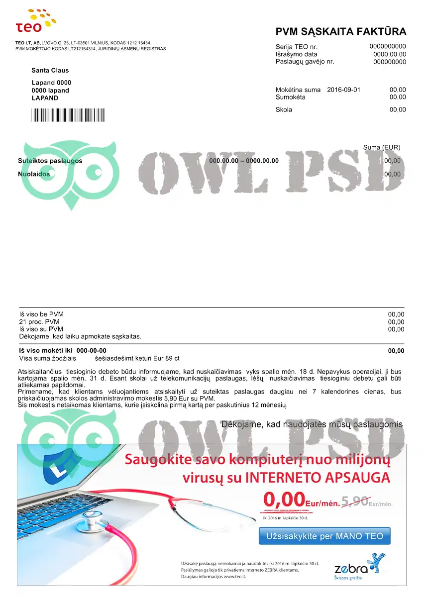 Lithuania Teo Utility Bill Template preview image 1