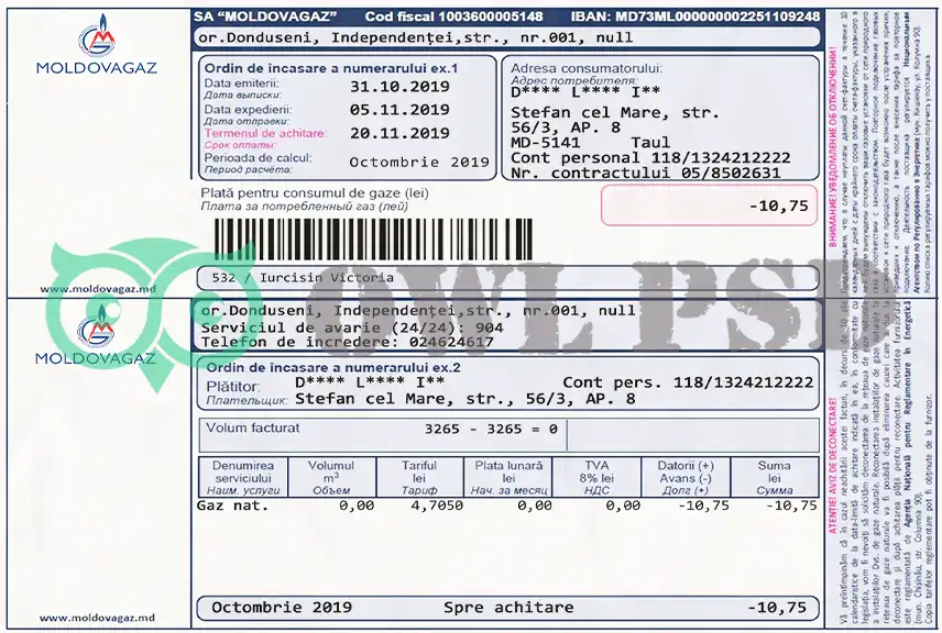 Moldova MoldovaGaz Utility Bill Template preview image 1