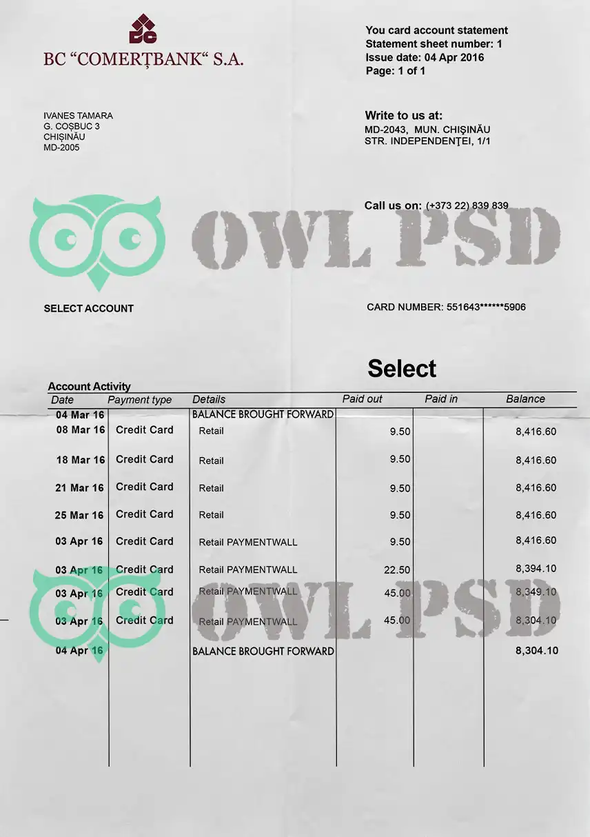 Moldova COMERTBANK Statement Template preview image 1