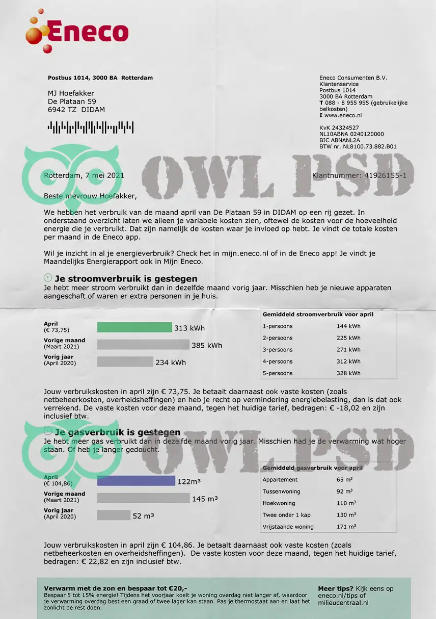 Netherlands Eneco Utility Bill Template preview image 1