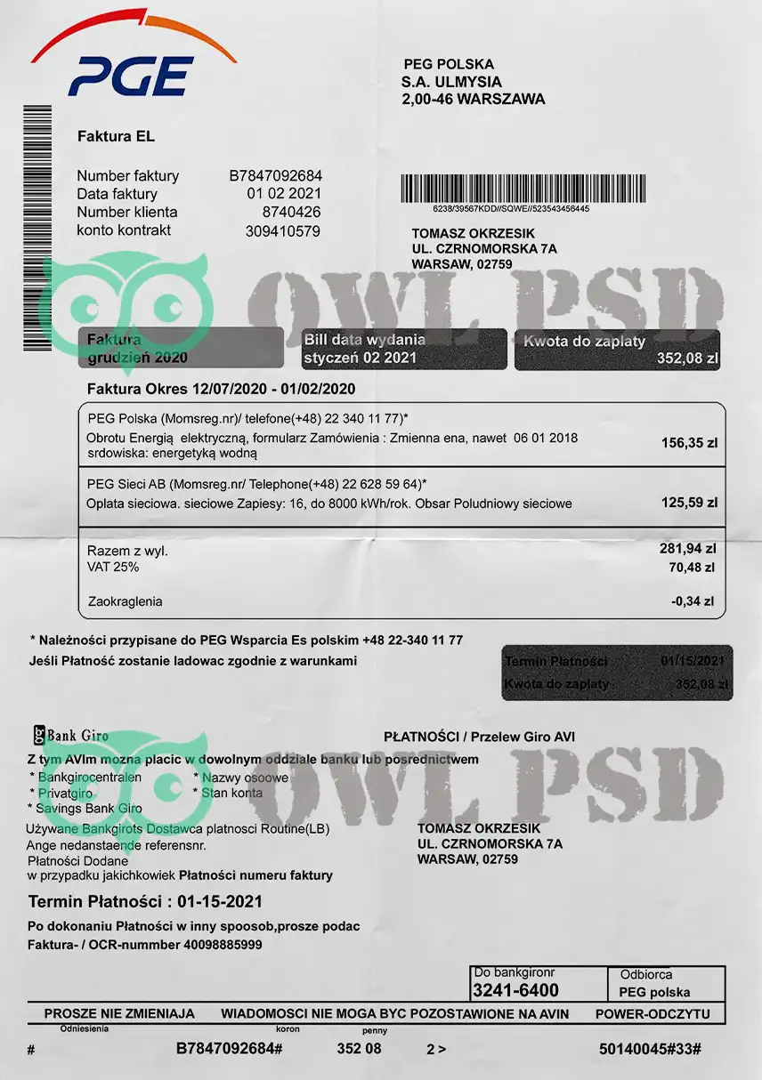 Poland Polska Grupa Energetyczna Utility Bill Template preview image 1