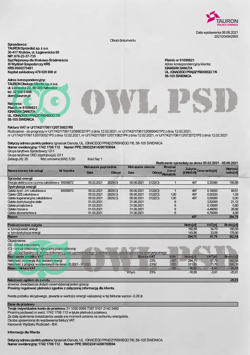 Poland Tauron Utility Bill Template preview image 1
