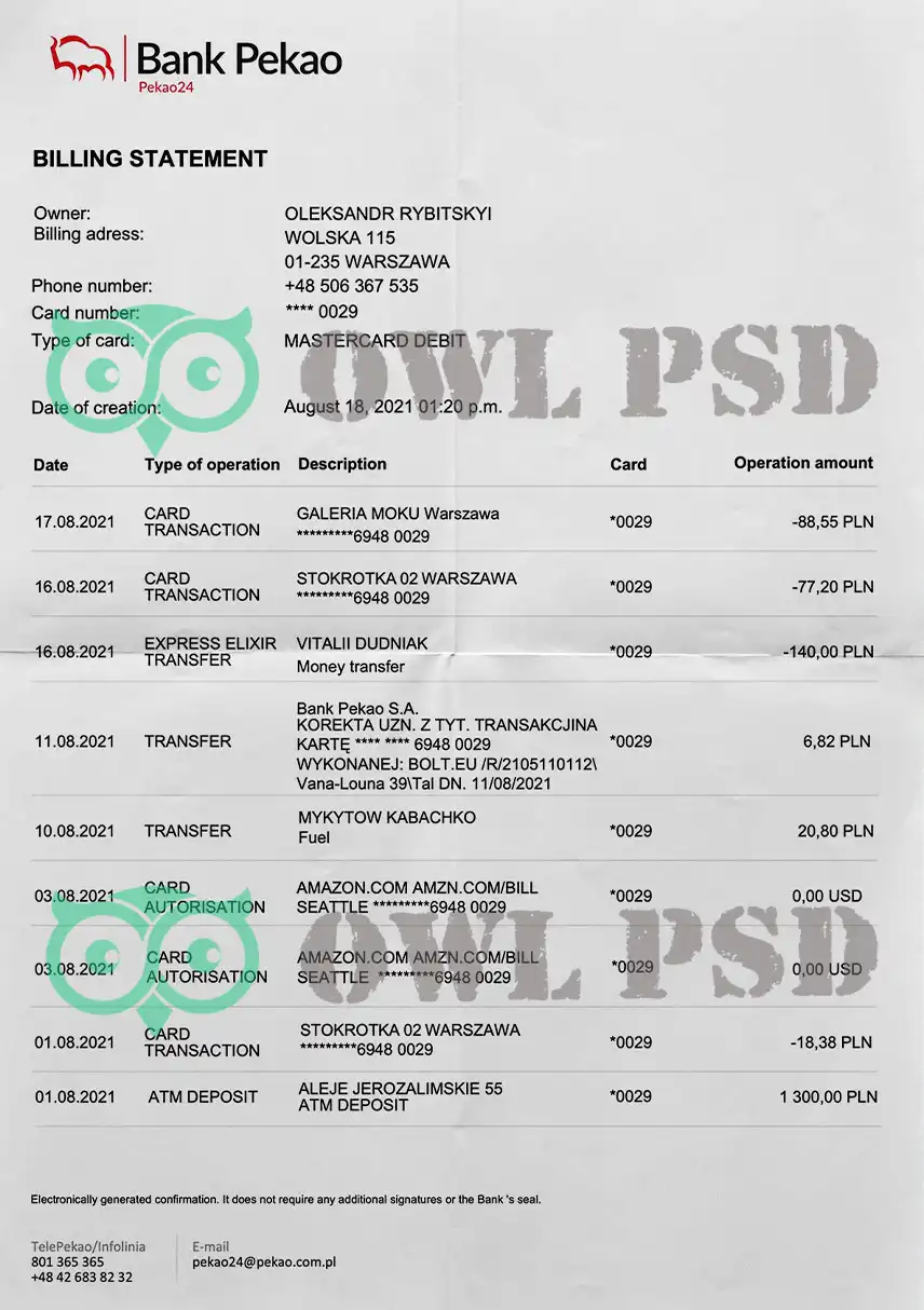 Poland Bank Pekao Statement Template preview image 1