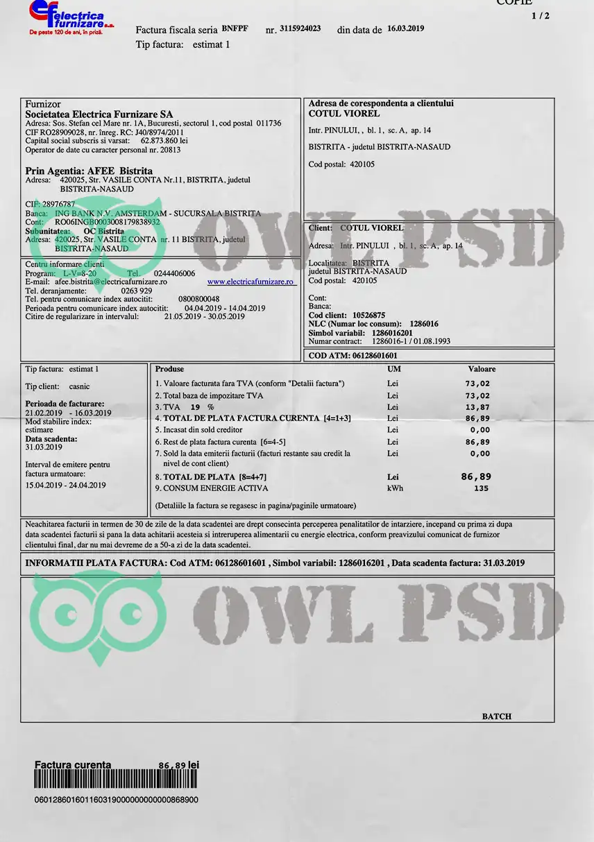 Romania Electrica Utility Bill Template preview image 1