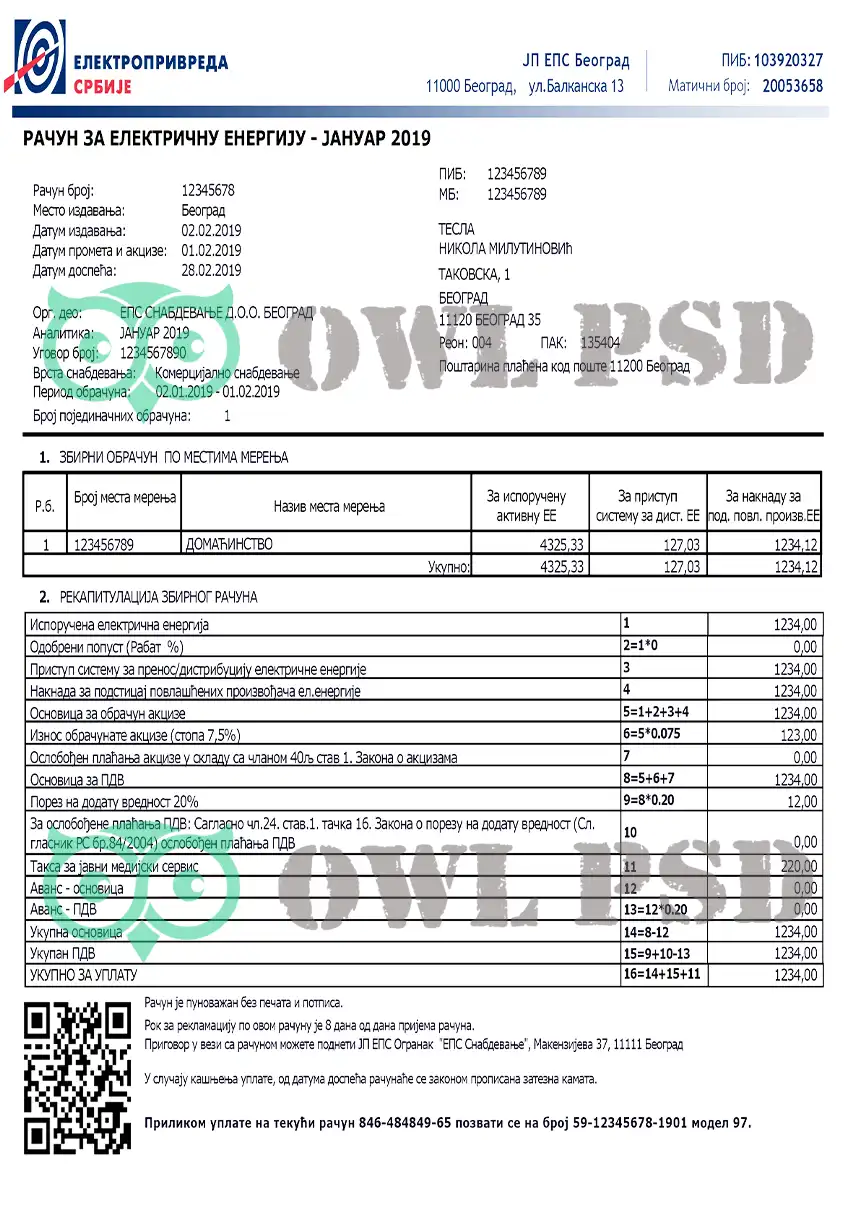 Serbia Electricity Utility Bill Template preview image 1