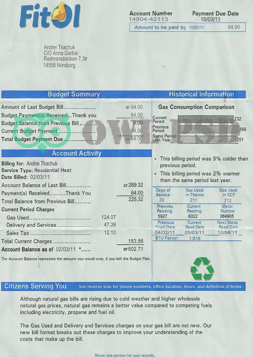 Sweden Fitol Gas Utility Bill Template preview image 1