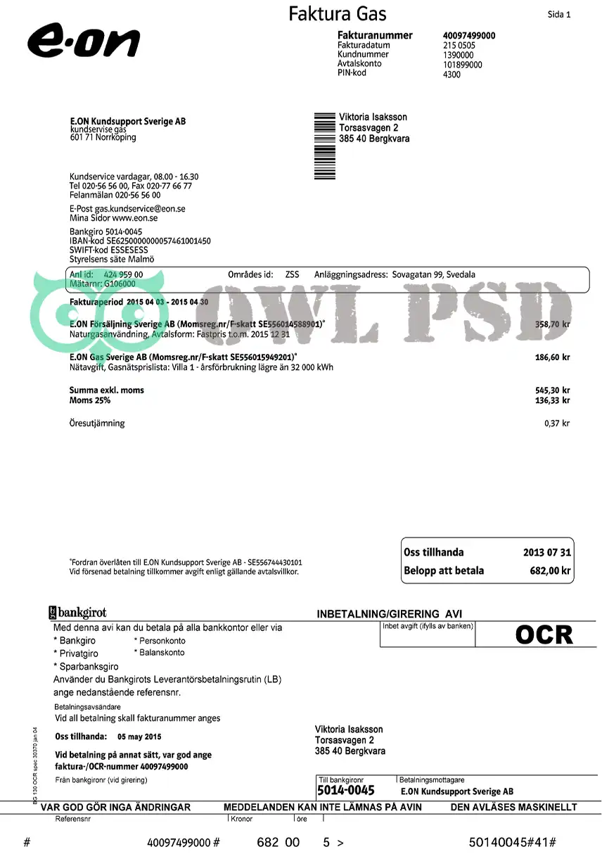 Sweden E-ON Utility Bill Template preview image 1