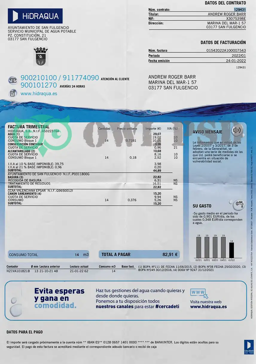 Spain HidrAqua Utility Bill Template preview image 1