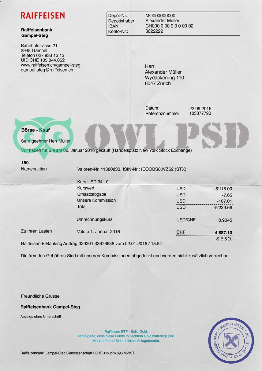 Switzerland Raiffeisenbank Ettiswil Utility Bill Template preview image 1