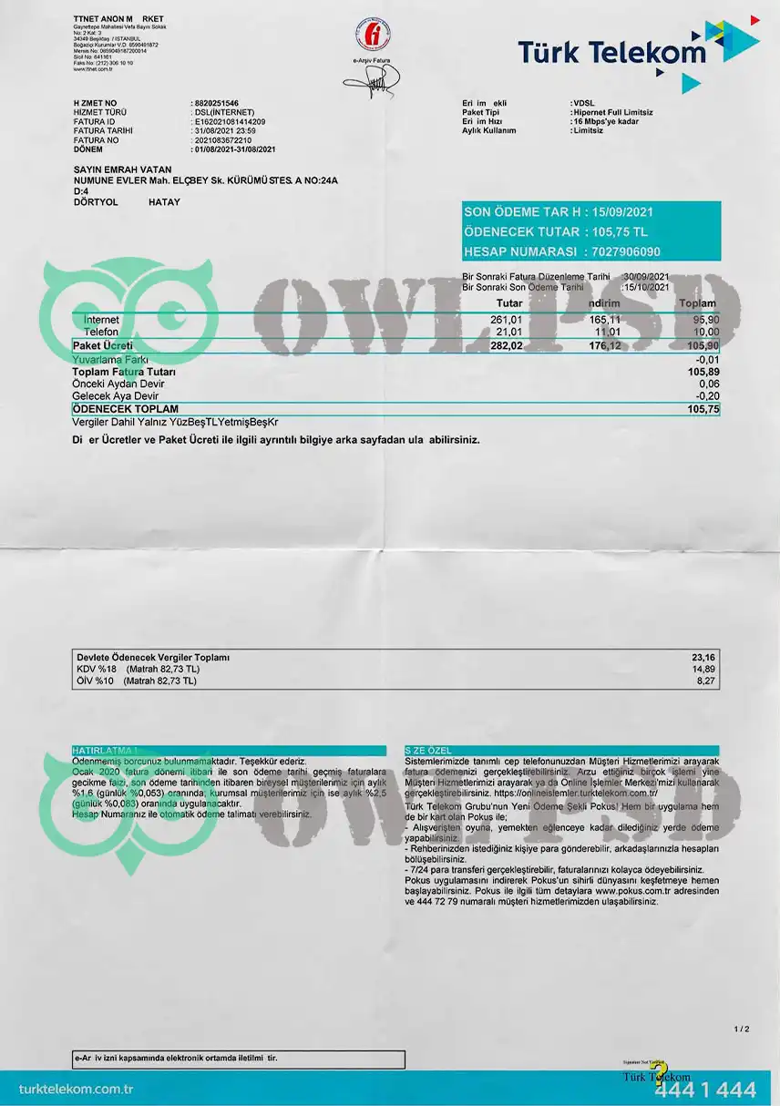 Turkey Turk Telekom Utility Bill Template preview image 1