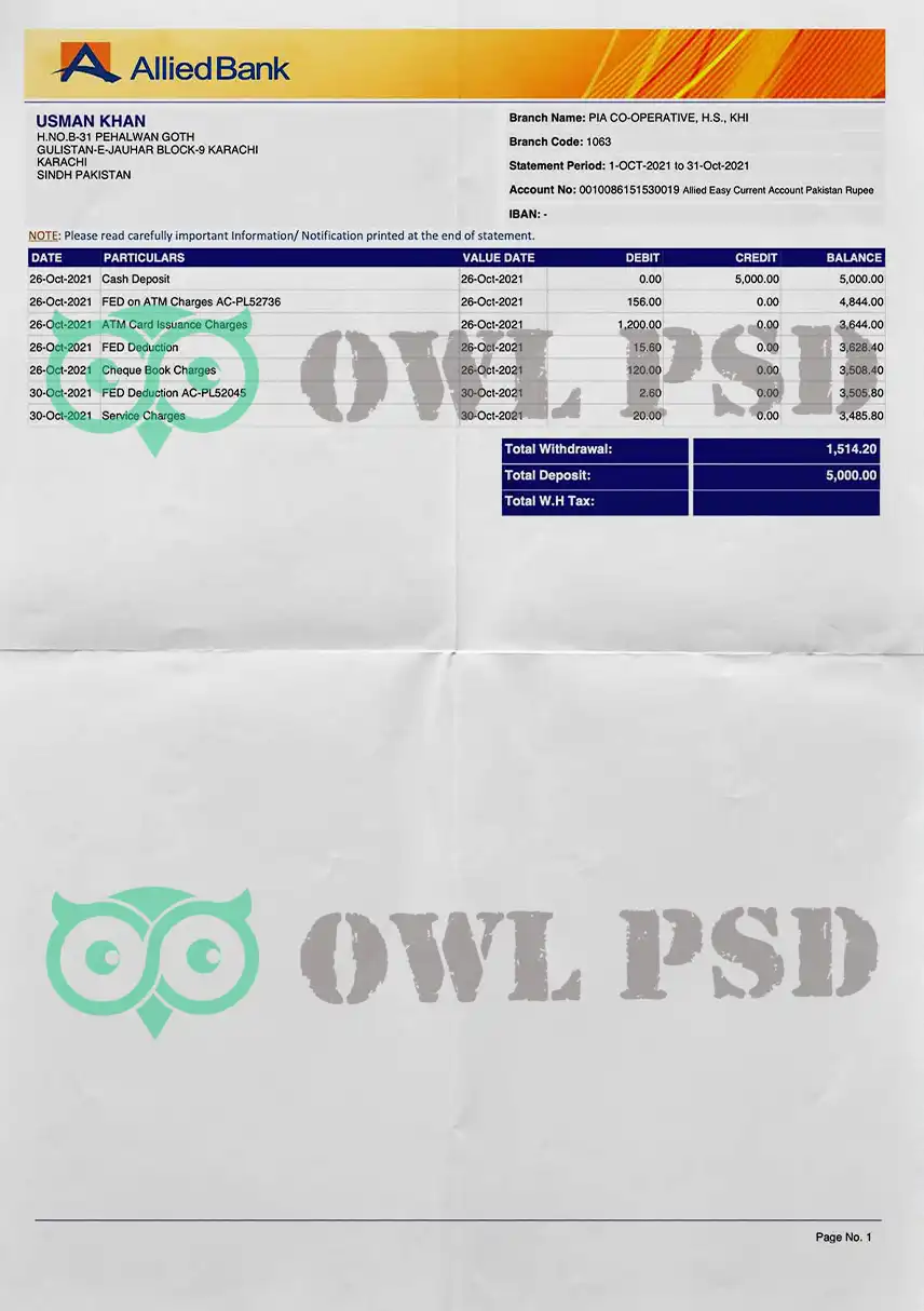 Pakistan AlliedBank Statement Template preview image 1