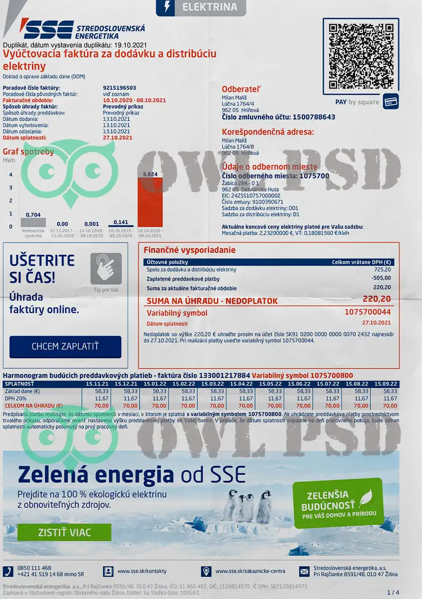 Slovakia SSE Utility Bill Template preview image 1