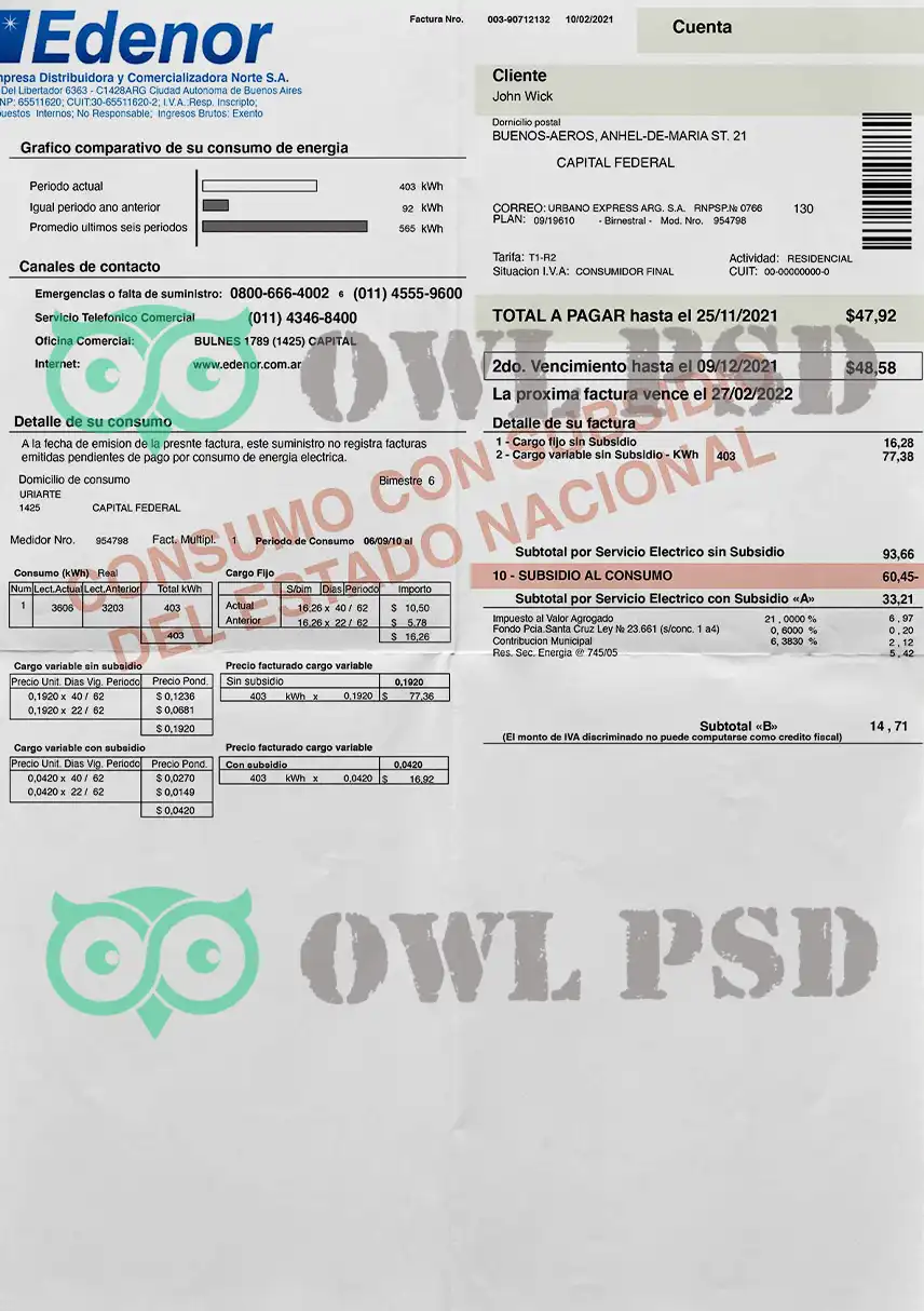 Argentina Edenor S.A. Utility Bill Template preview image 1