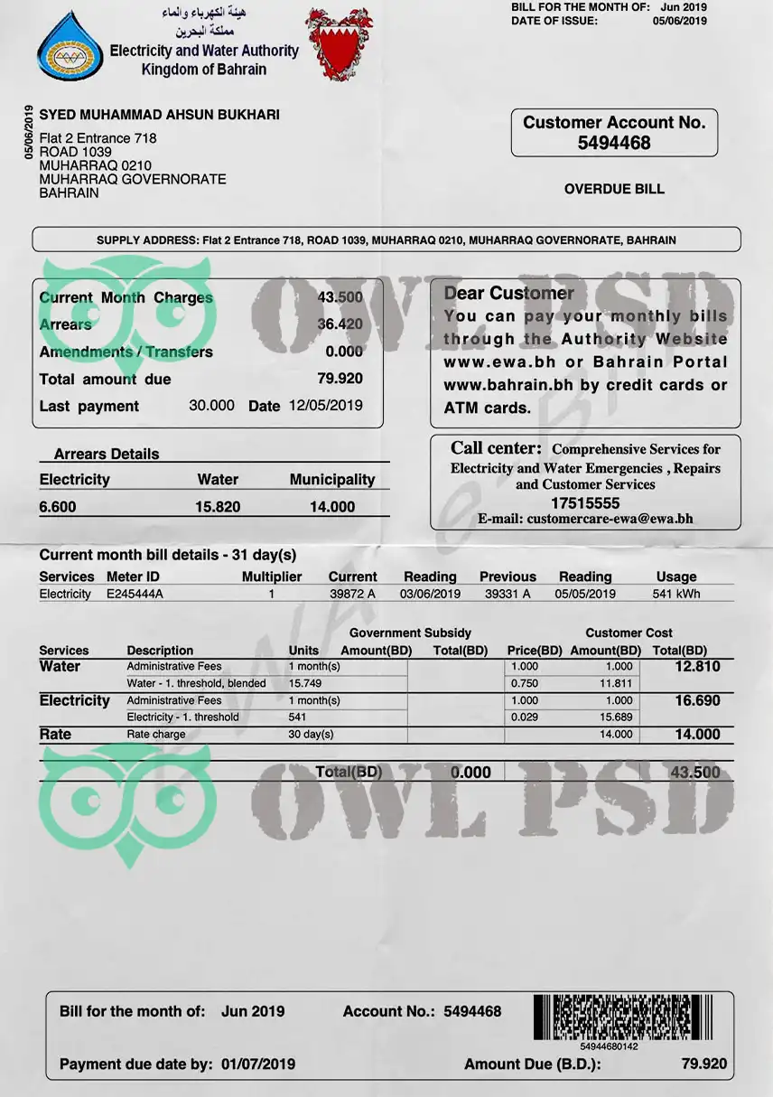 Bahrain EWA Utility Bill Template preview image 1