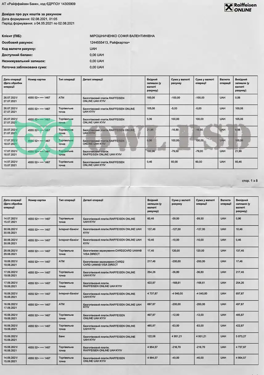 Ukraine AO Raiffeisenbank Statement Template preview image 1