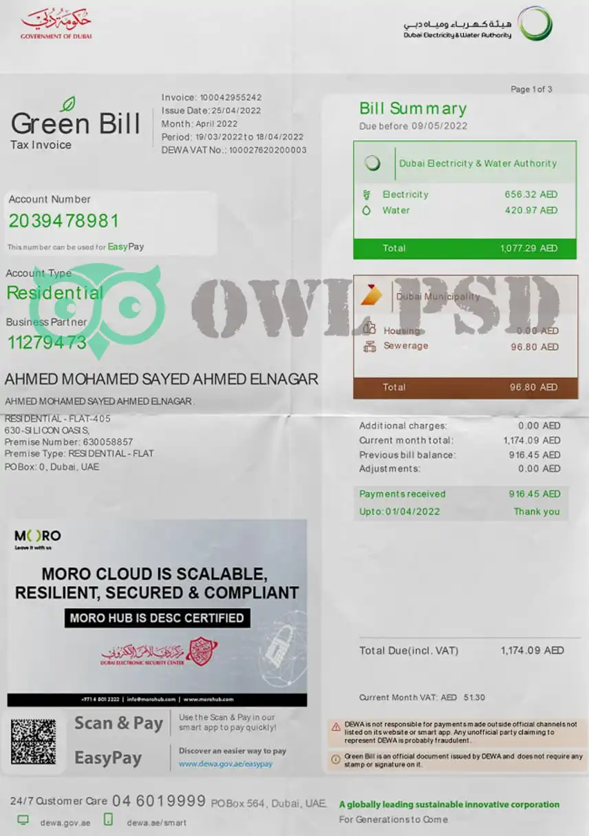 United Arab Emirates Green Utility Bill Template preview image 1