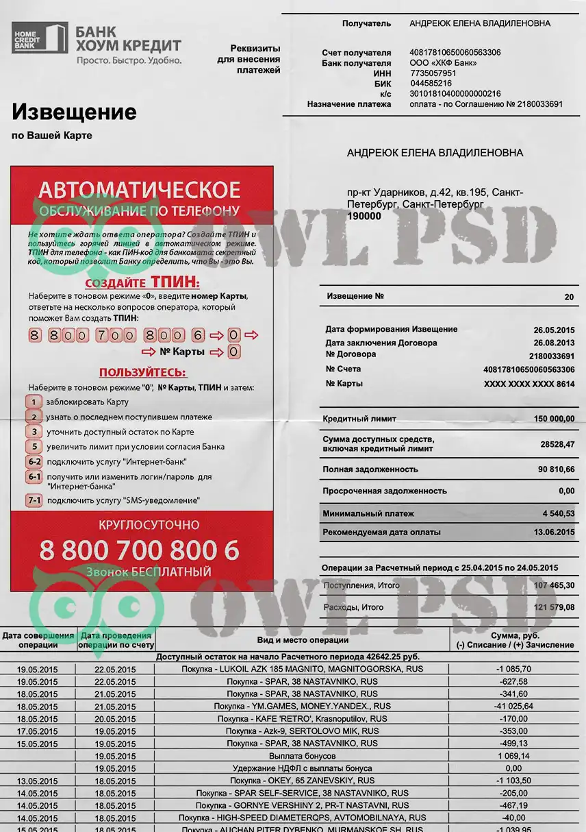 Russia Home Credit Bank Statement Template preview image 1