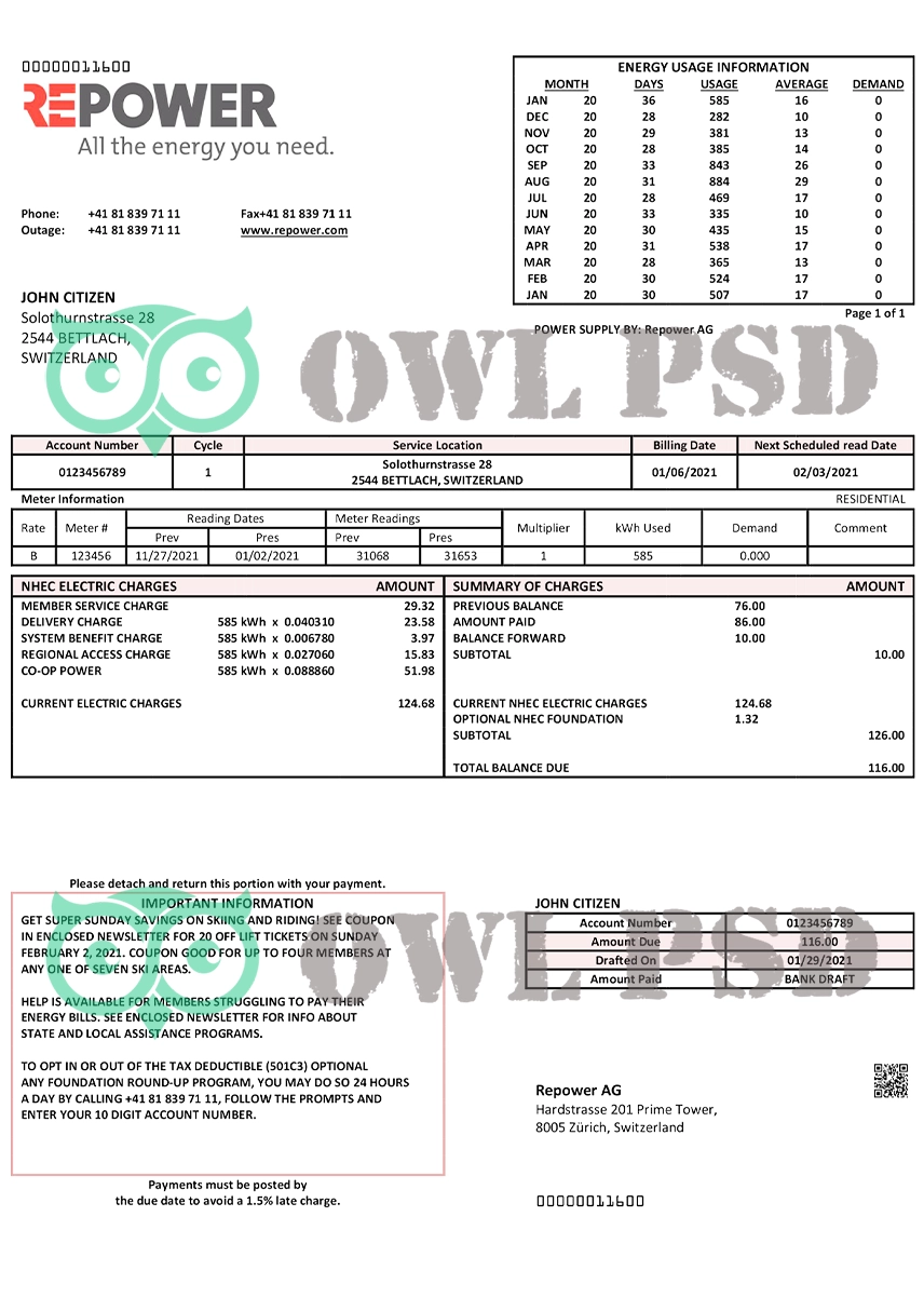 Switzerland Repower AG Utility Bill Template preview image 1