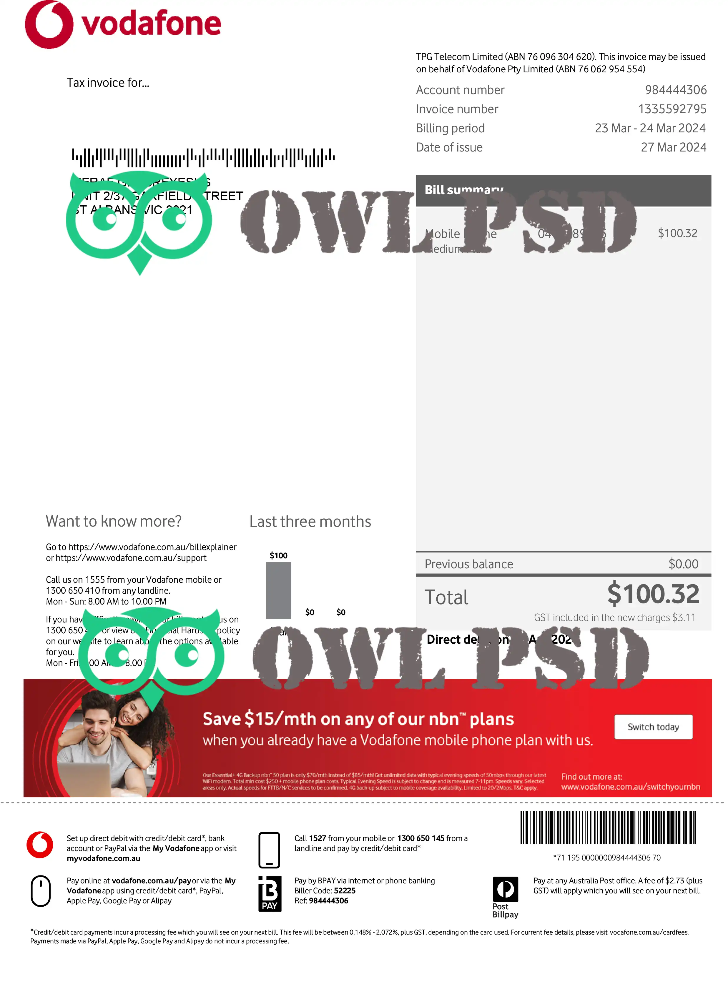 Australia Vodafone Utility Bill Template preview image 1