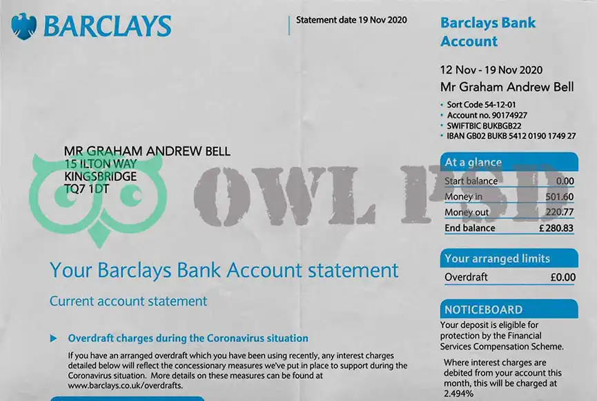 UK Barclays Bank Statement Template