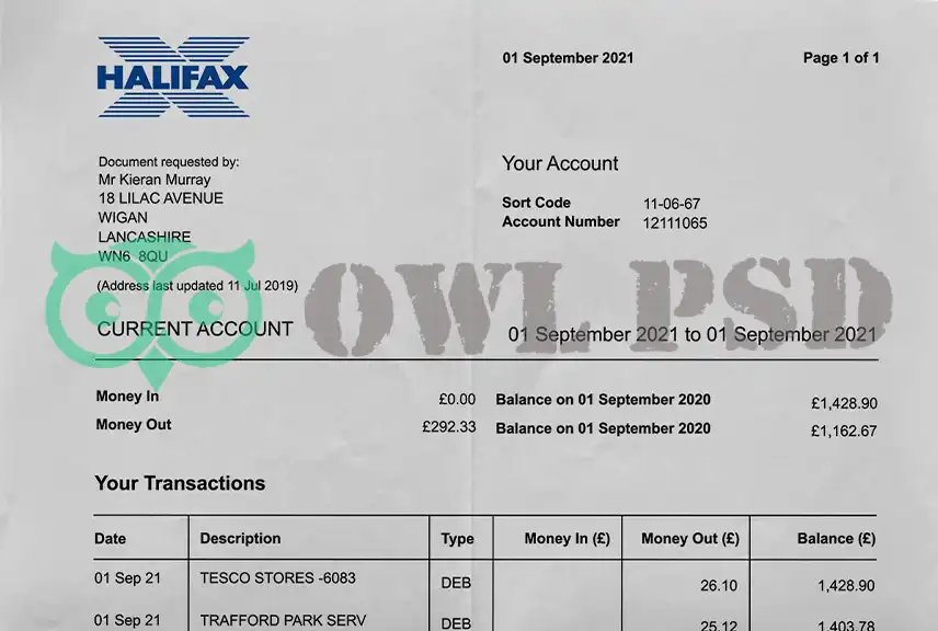UK Halifax Bank Statement Template
