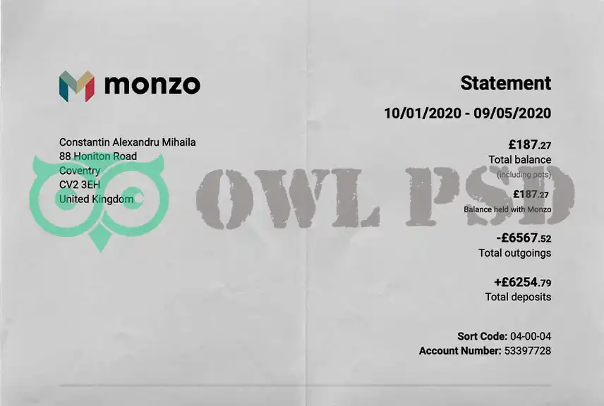 UK Monzo Bank Statement Template