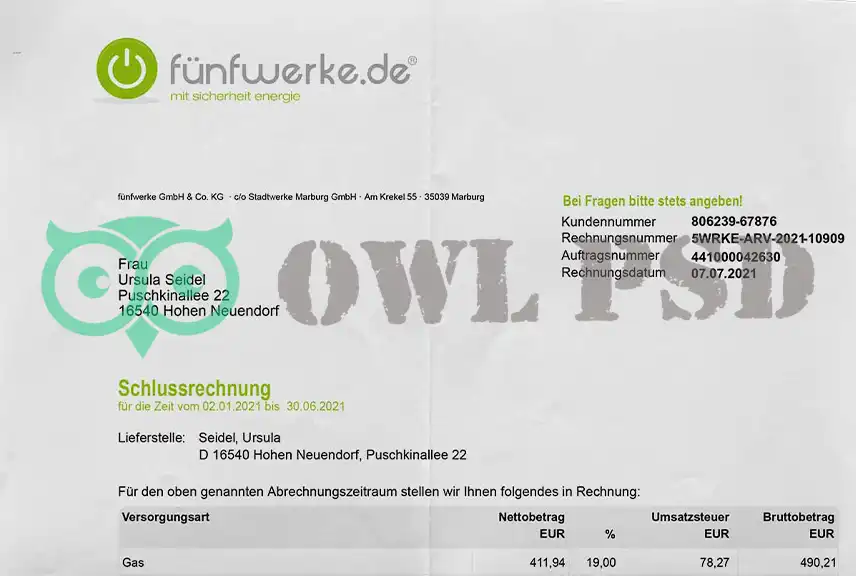 Germany Fuenfwerke Utility Bill Template