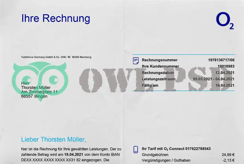 Germany o2online Utility Bill Template
