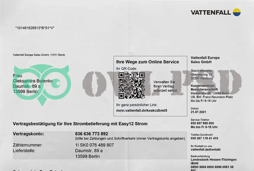 Germany Vattenf Utility Bill Template
