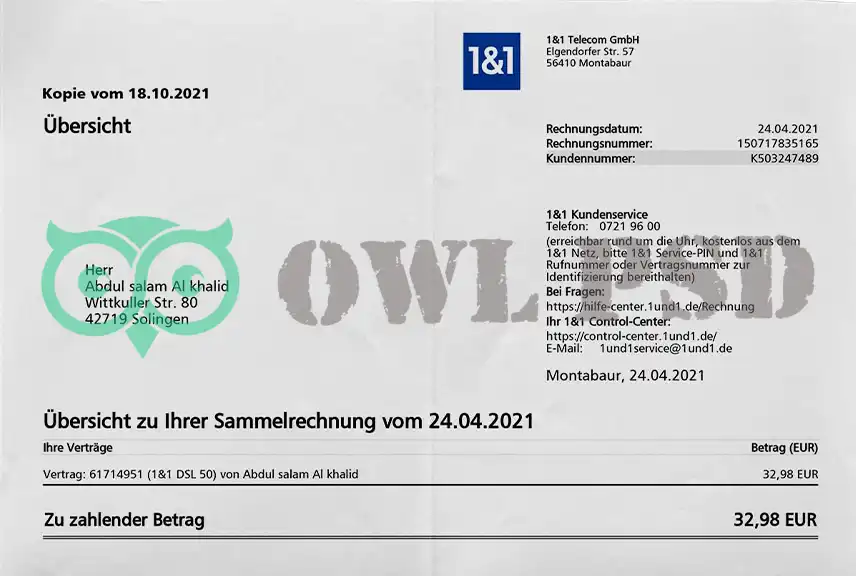 Germany 1 and 1 Utility Bill Template