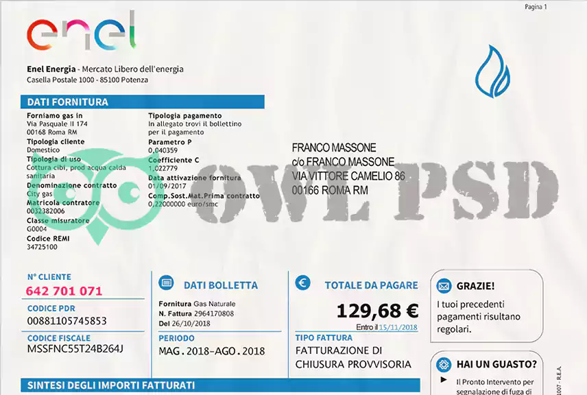 Italy Enel Energia Utility Bill Template
