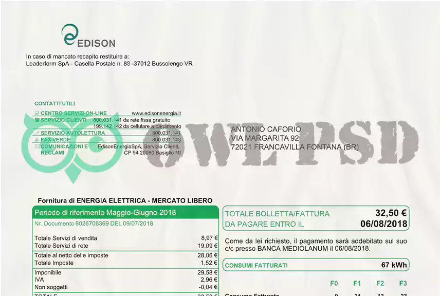 Italy Edison Utility Bill Template