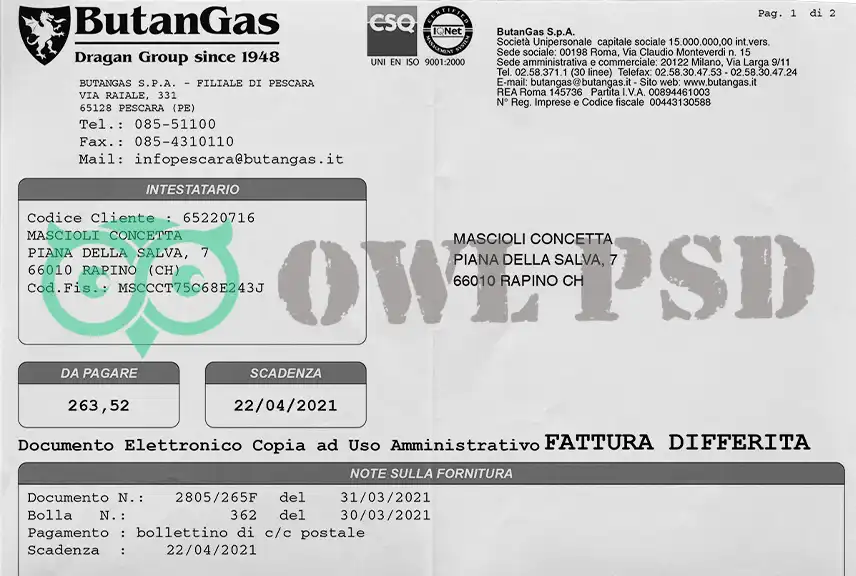 Italy ButanGas Utility Bill Template