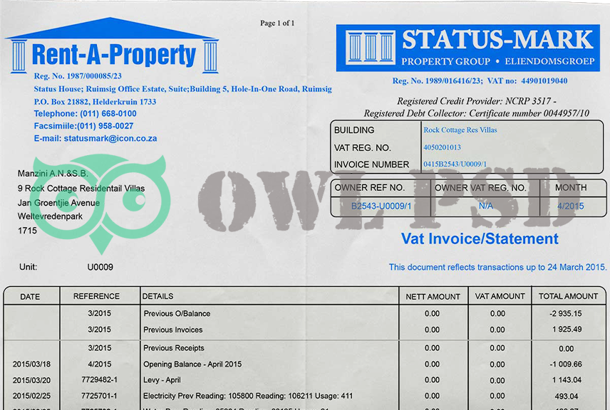 South Africa Rent-A-Property Statement Template