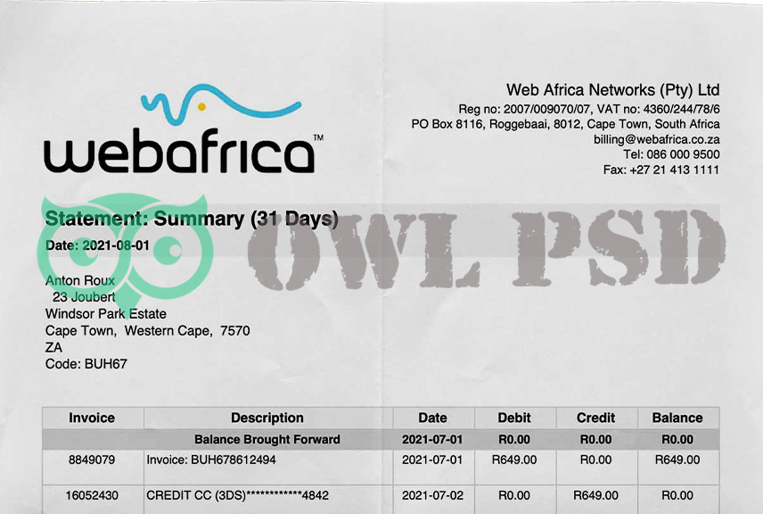 South Africa Webafrica Utility Bill Template