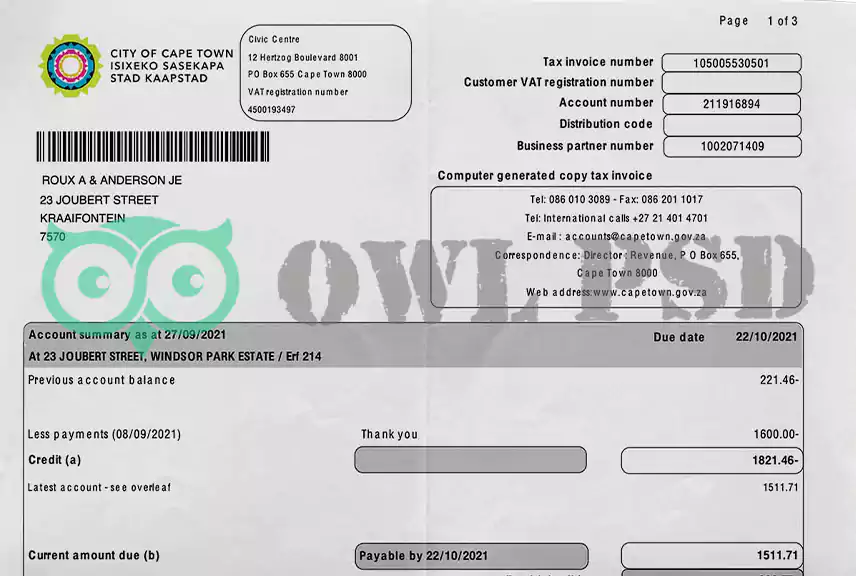 South Africa City of cape town Utility Bill Template