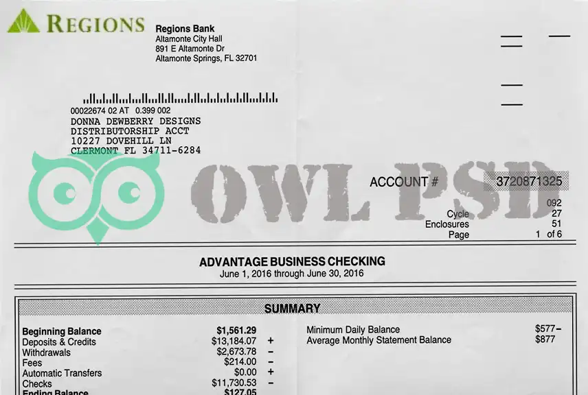United States Regions Bank Statement Template
