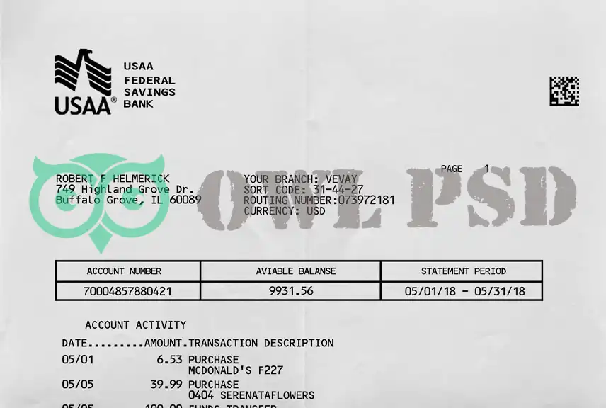 United States USAA Bank Statement Template