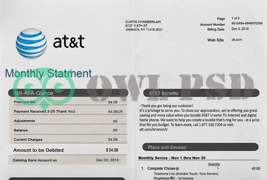 United States AT&T Utility Bill Template
